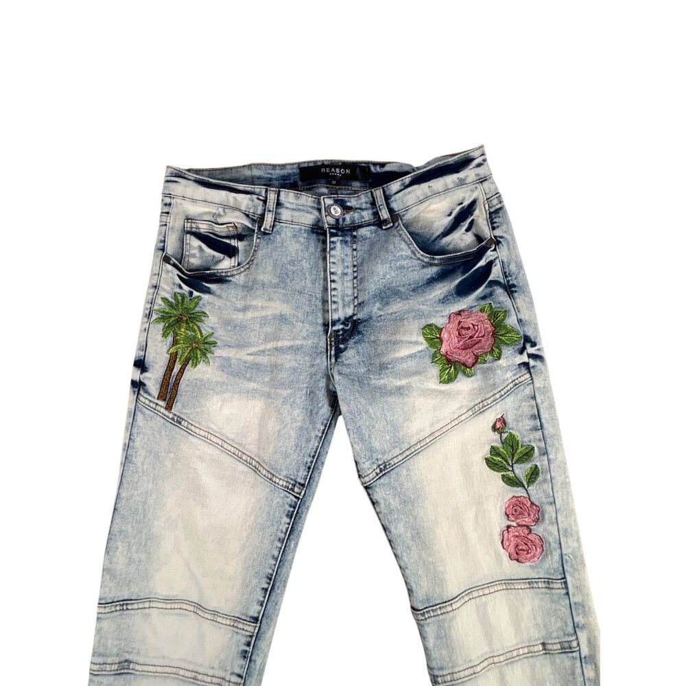 Reason Brand Embroidered Denim Jeans Light Wash Women's Sz 32 Roses & Palm Trees